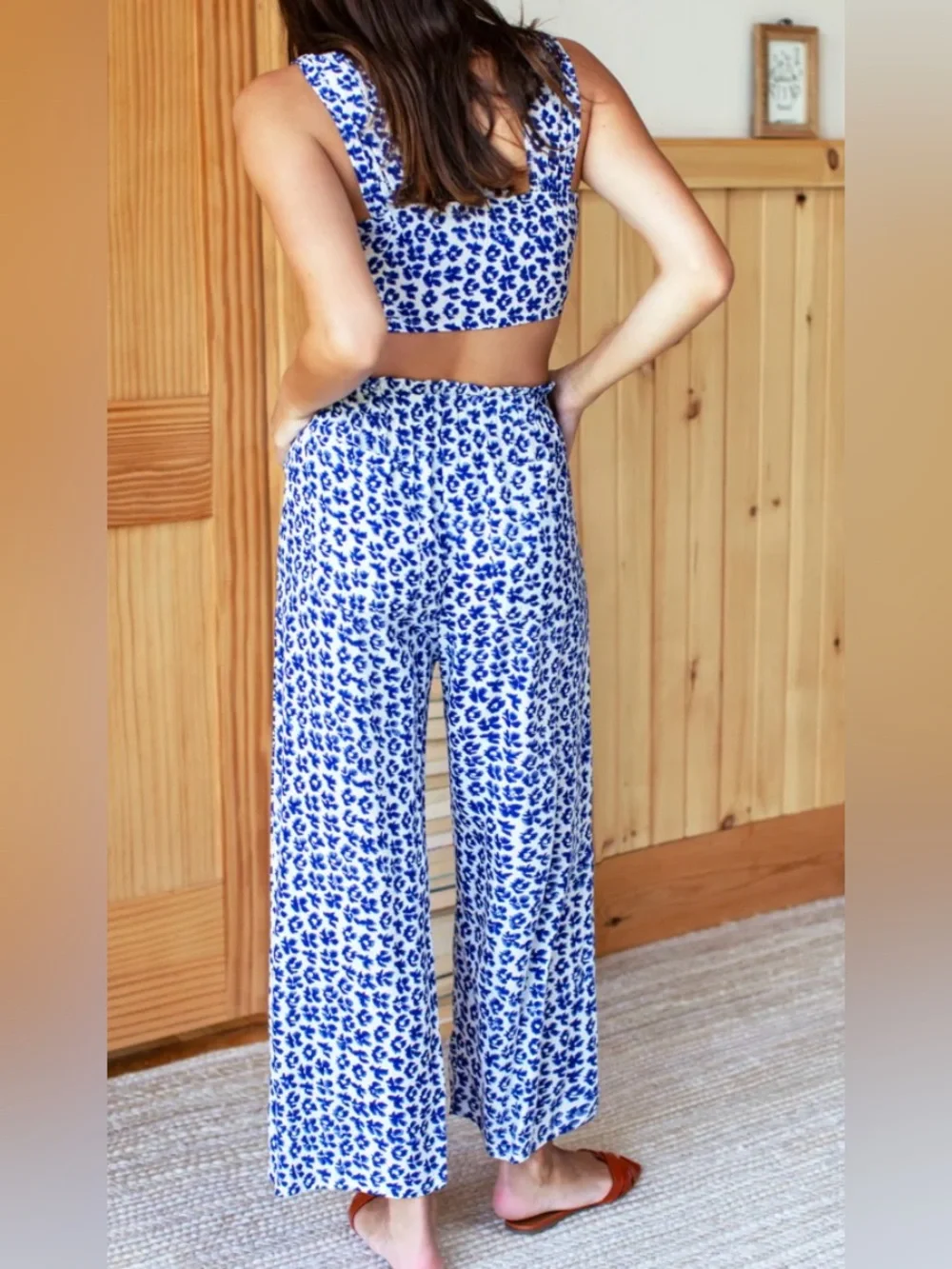 Emerson Fry Blue White Floral Wide-Leg Pants And Crop Top Matching Set